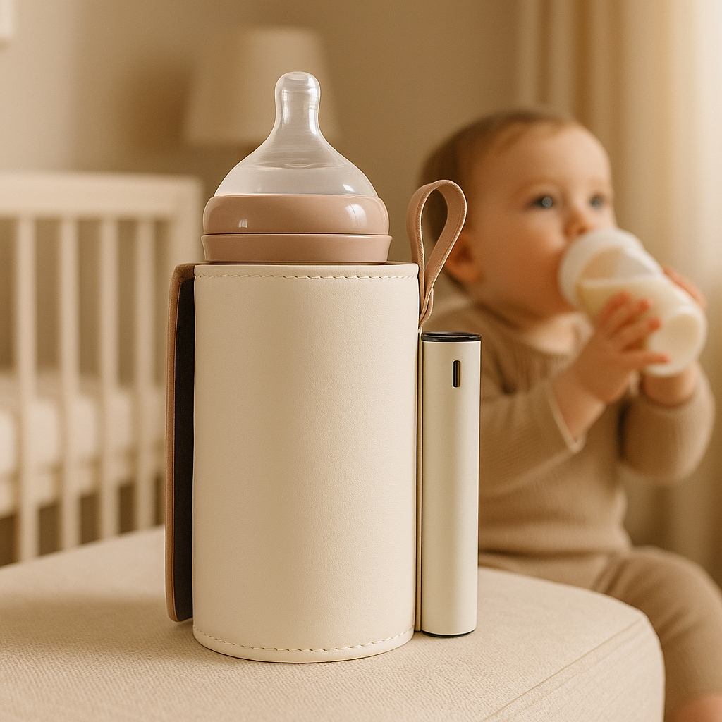 Bébé-boit-avec-meilleur-chauffe-biberon-nomade-polyvalent-blanc
