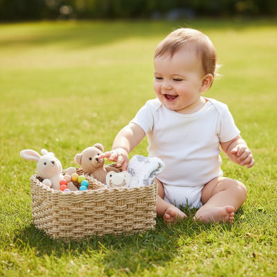 Bébé joue avec panier de rangement pour bébé osier tressé