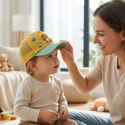 Casquette bebe anti UV dinosaure ludique jaune vert