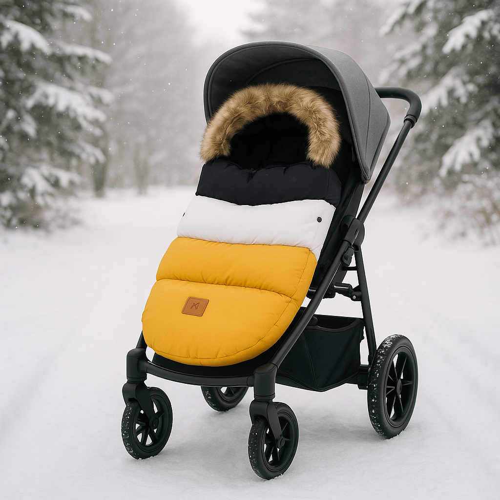 Chancelière-tricolore-noir-blanc-jaune-dans-poussette-en-hiver