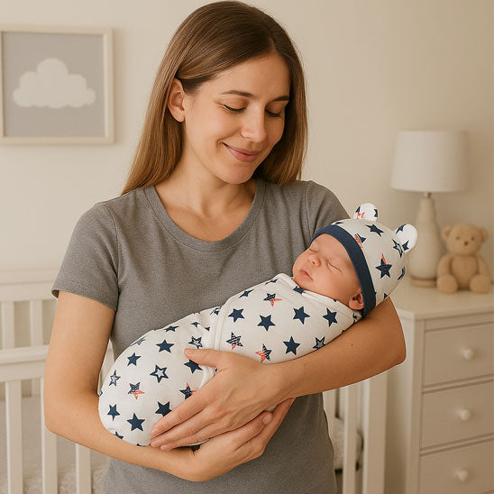 Couverture-emmaillotage-bébé-bonnet-douceur-étoile
