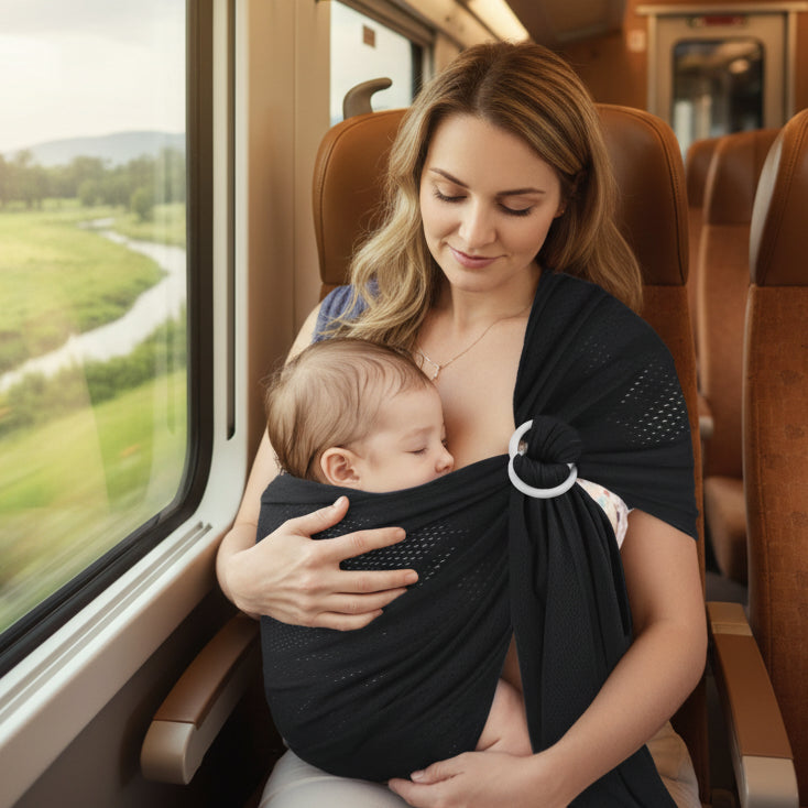 écharpe de portage au naturel dans un train