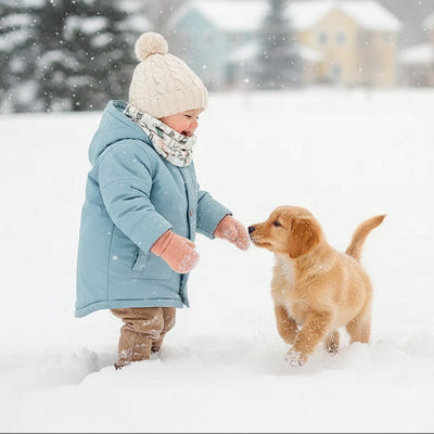 Enfant joue avec chiot avec tour de cou enfant coloris joyeux