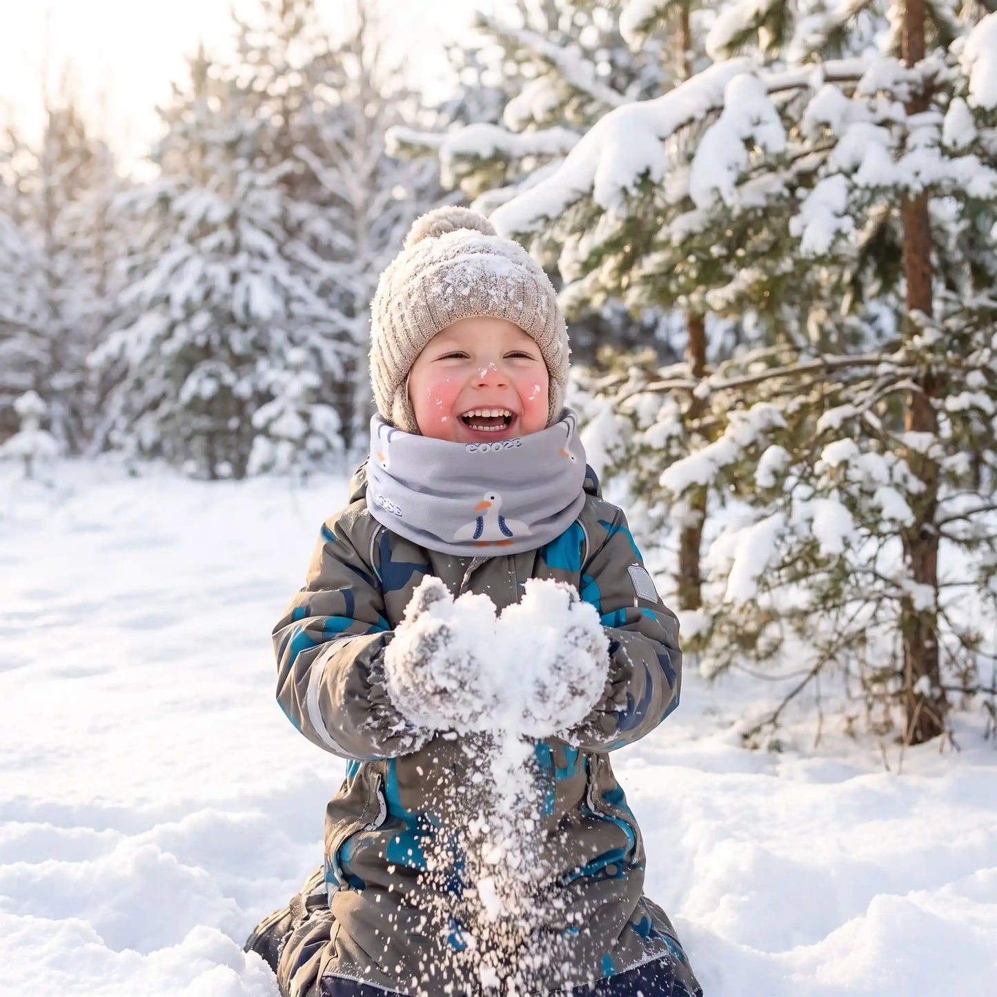 Enfant joue neige avec tour de cou enfant adorable bleu