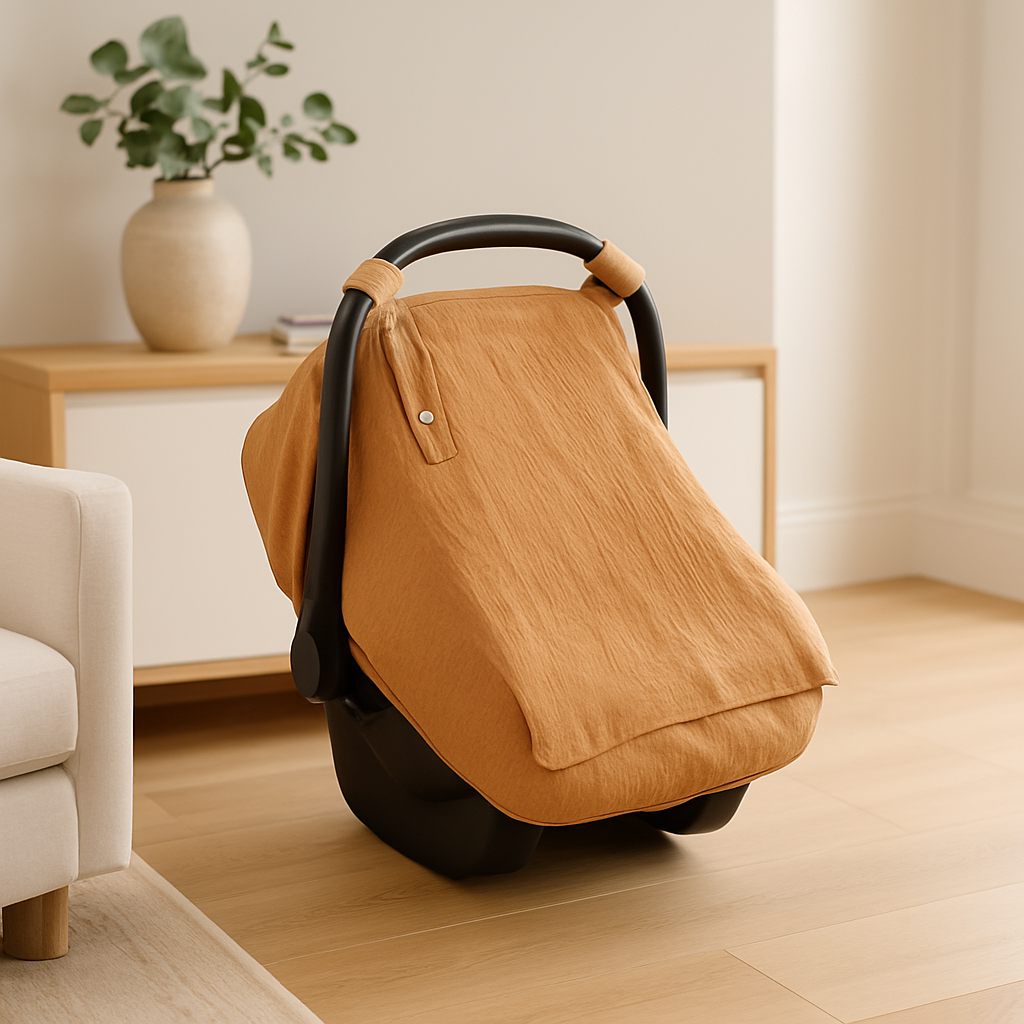 Housse-pour-siege-auto-bebe-voyage-serein-brun-dans-un-salon