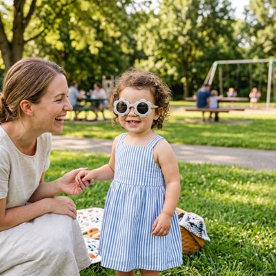 Maman et fillette avec lunette de soleil bebe fleur ludique