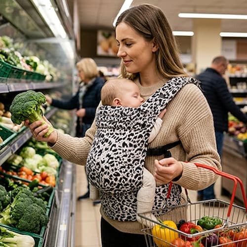 Maman au marché avec porte-bébé physiologique Lovely
