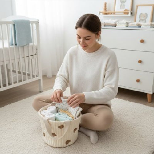 Mère assise au sol avec panier de rangement bebe ourson
