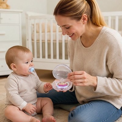 Mère donne à bébé la boite a tetine translucide nomade