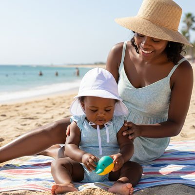 Mère et bébé avec casquette anti UV bebe vive l'été blanche