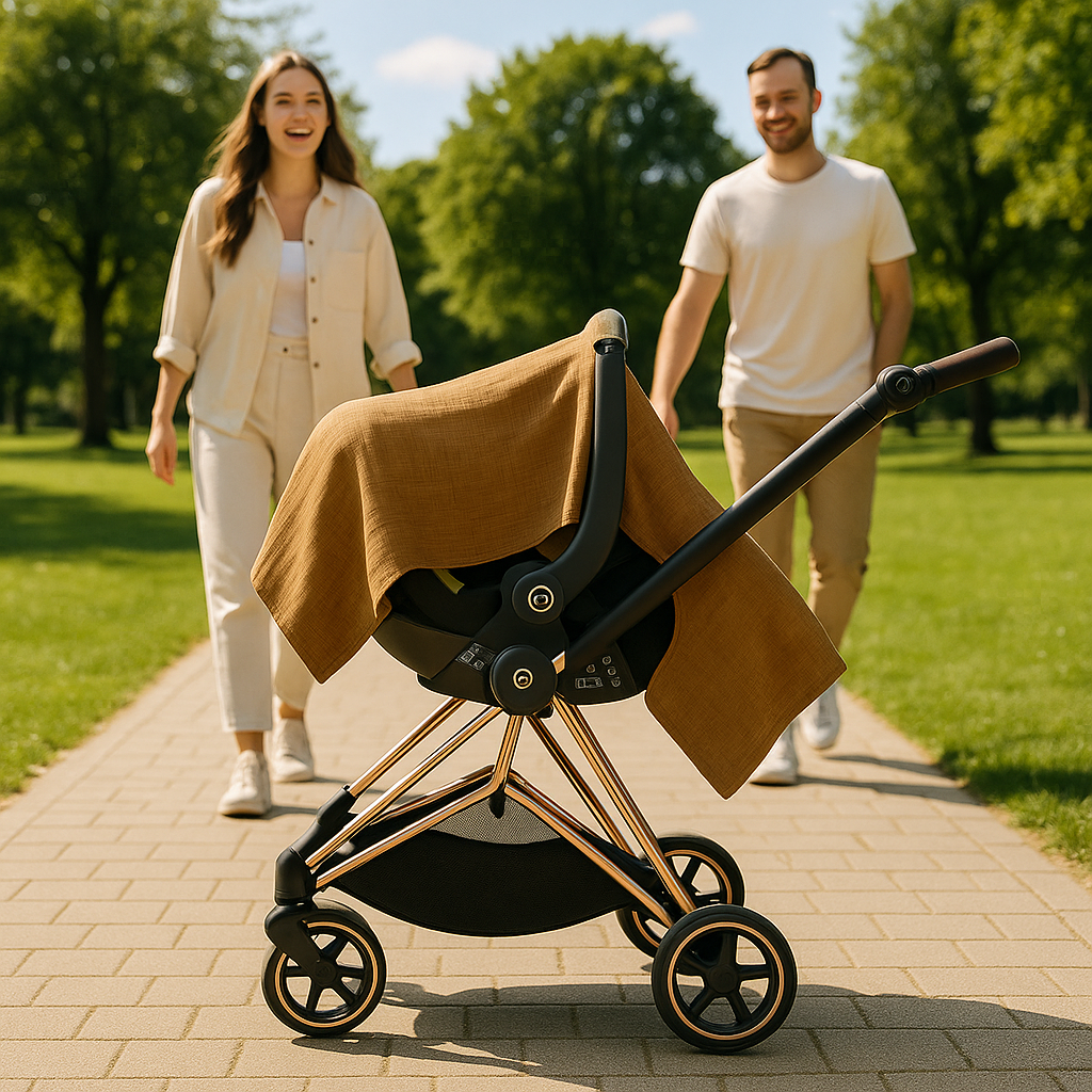 Pare-soleil-poussette-coton-naturel-brun-jaune-papa-maman-dans-parc