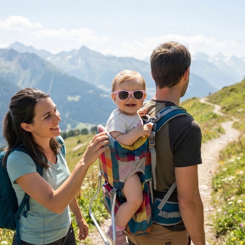 Parents en montagne avec lunettes de soleil bebe protekto