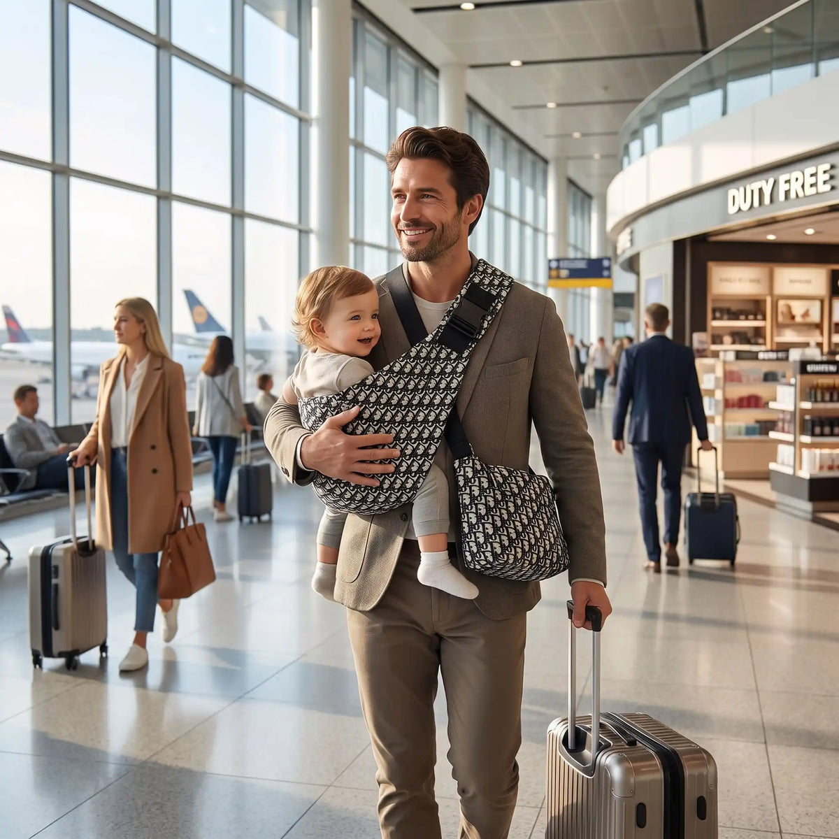 Père aéroport avec écharpe de portage physiologique hanche