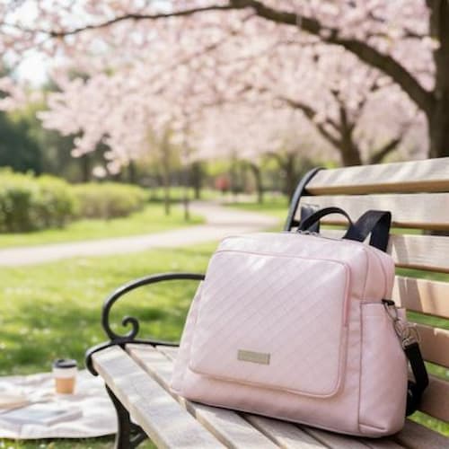 Sac a langer a dos élégant rose sur banc au parc