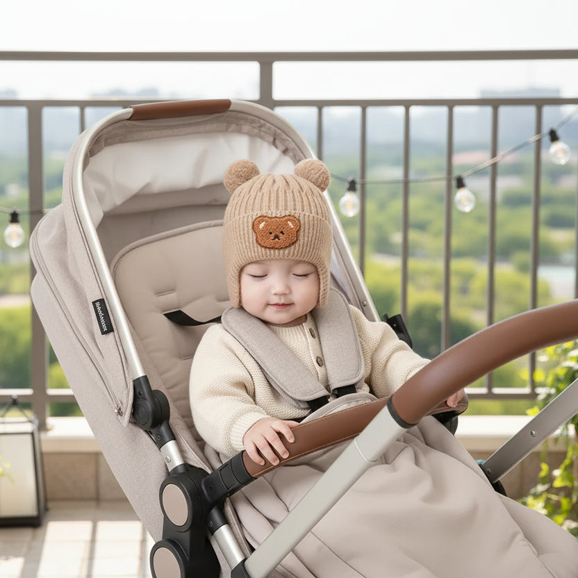 Bambin avec  bonnet bebe ourson confort dans poussette