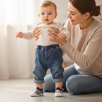 Bambin avec chaussure premier pas bebe respirante bleue