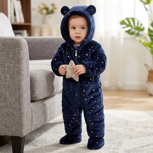 Bambin debout avec bebe combinaison polaire bleu marine
