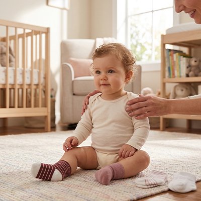 Bébé assis avec chaussette pour bebe douce caresse