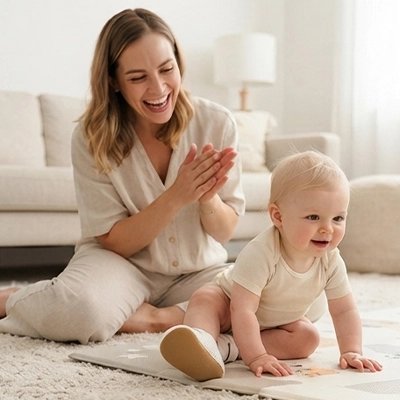 Bébé au sol avec chaussure bebe premier pas ourson respirant