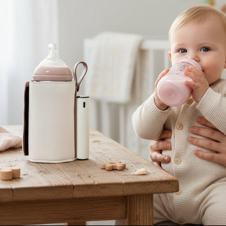 Bébé boit à côté de chauffe biberon nomade polyvalent