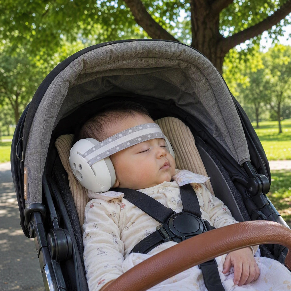 Bébé dans poussette avec casque anti-bruit bébé stretch blanc