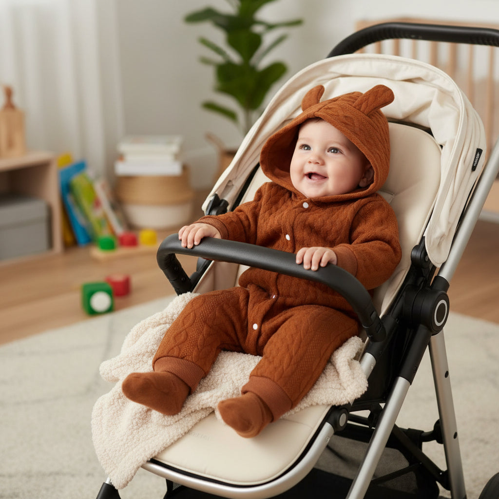 Bébé dans poussette avec combinaison bebe lapin douillet brun