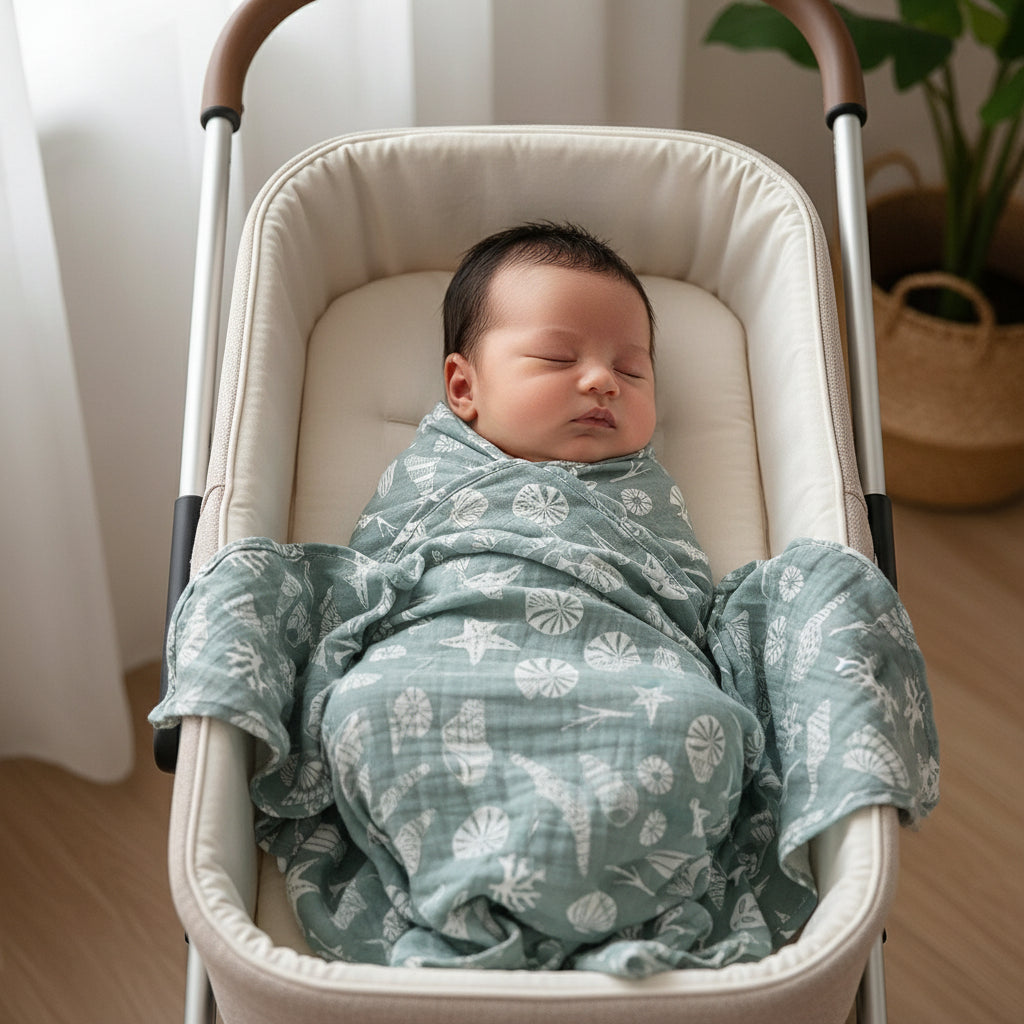 Bébé dans poussette dans lange d'emmaillotage douce caresse