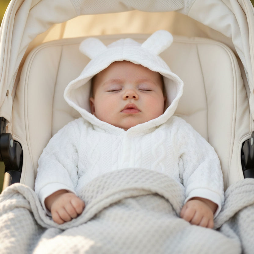 Bébé dort dans combinaison bebe lapin douillet blanc