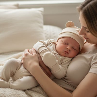 Bébé dort sur maman avec bonnet bébé naissance délicatesse