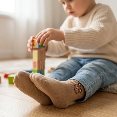 Bébé joue avec chaussette bebe patte d'ours kaki