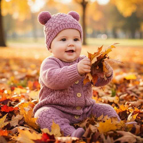 Bebe-joue-avec-feuilles-dans-combinaison-chaude-bebe-cocon-cozy-rose
