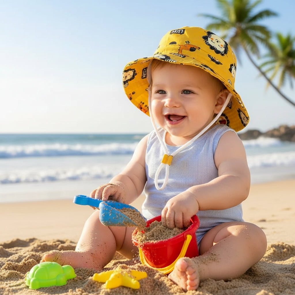 Bébé joue dans sable avec bob bebe anti uv évolutif jaune