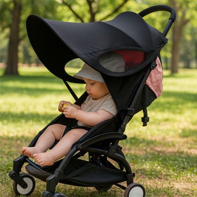 Bébé-sous-pare-soleil-pour-poussette-ultraprotect