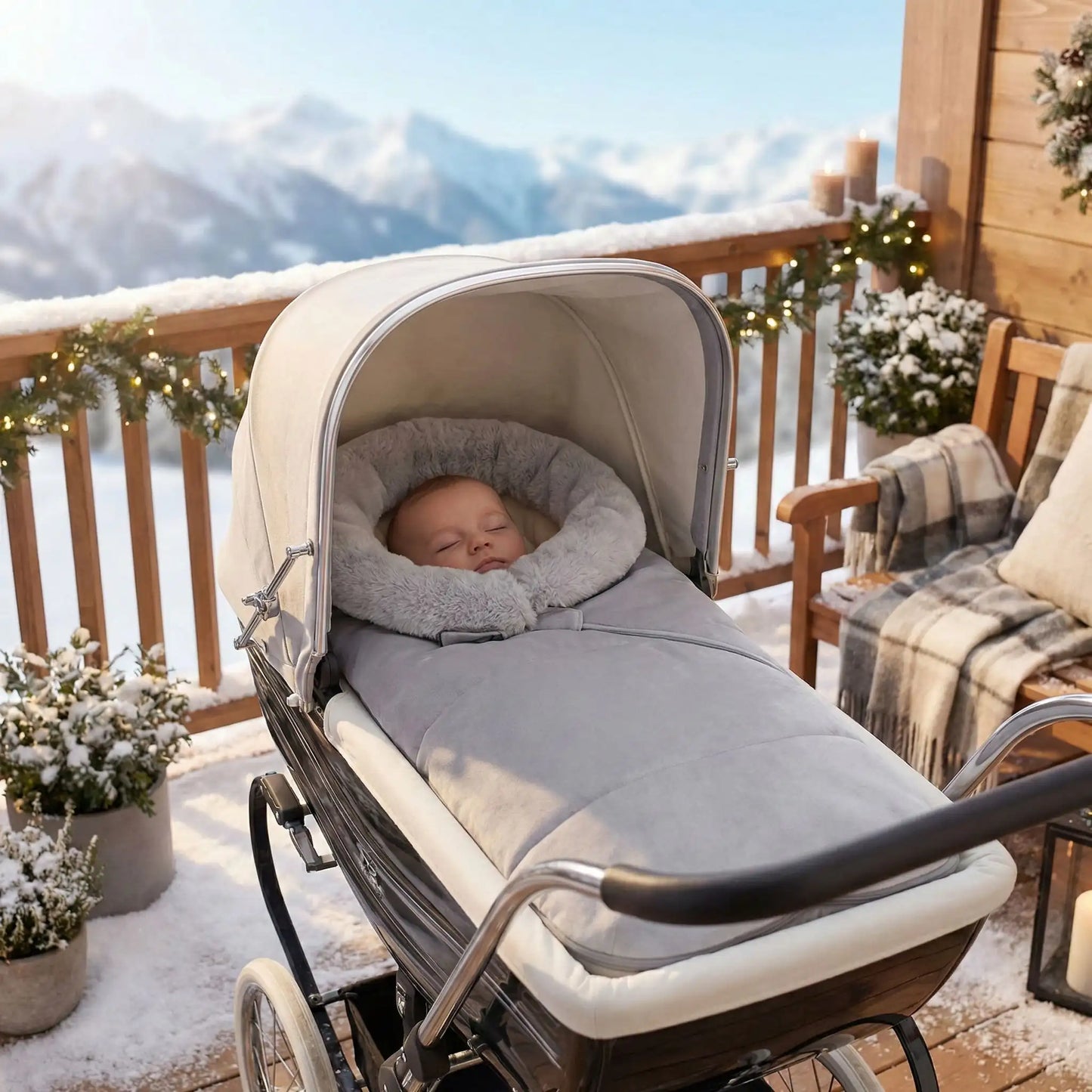 Bébé couché sur balcon dans chancelière poussette canne cocon hivernal