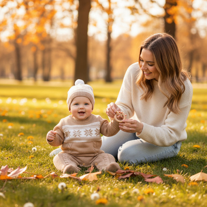 Bébé dans combinaison bébé hiver flocon de neige au parc avec maman