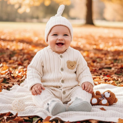 Bébé dans feuilles avec combinaison bebe ours softy nuage 