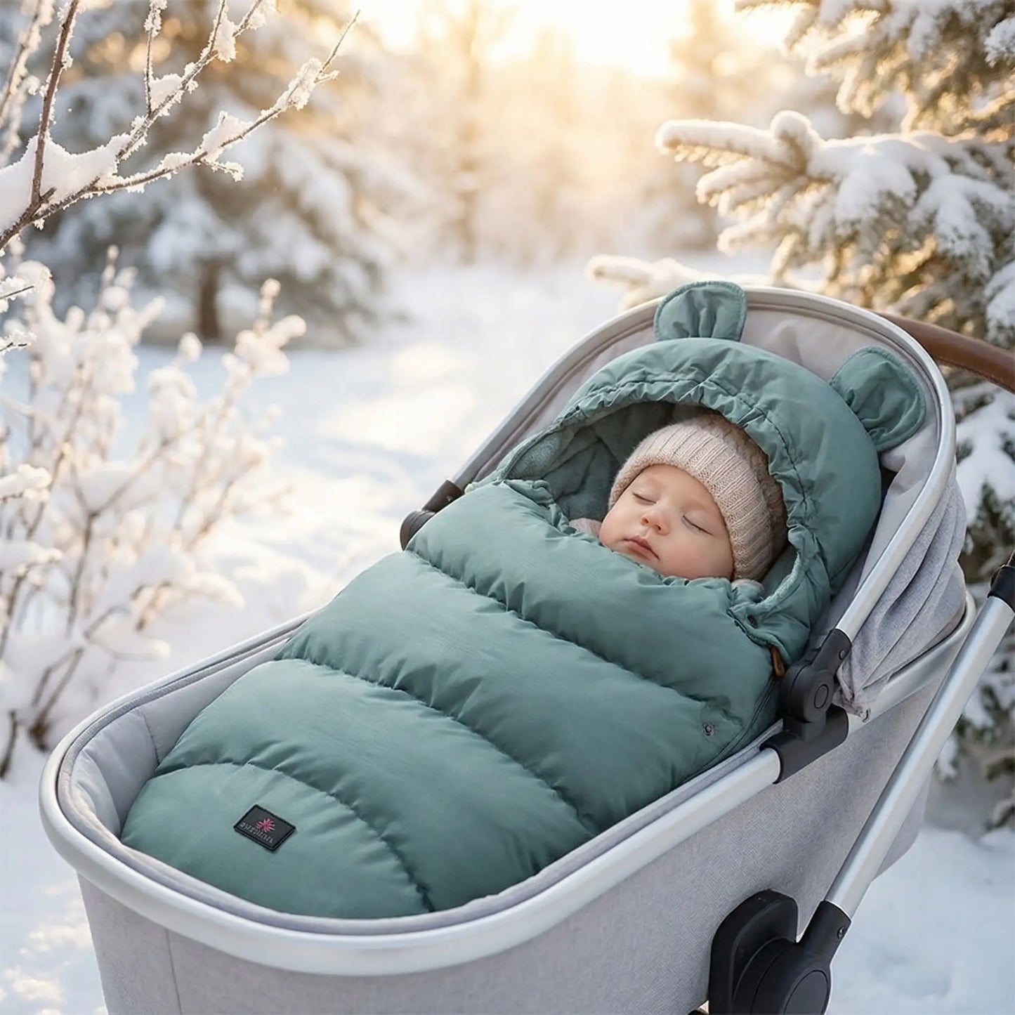 Bébé dort dans chanceliere bebe bouclier imperméable verte