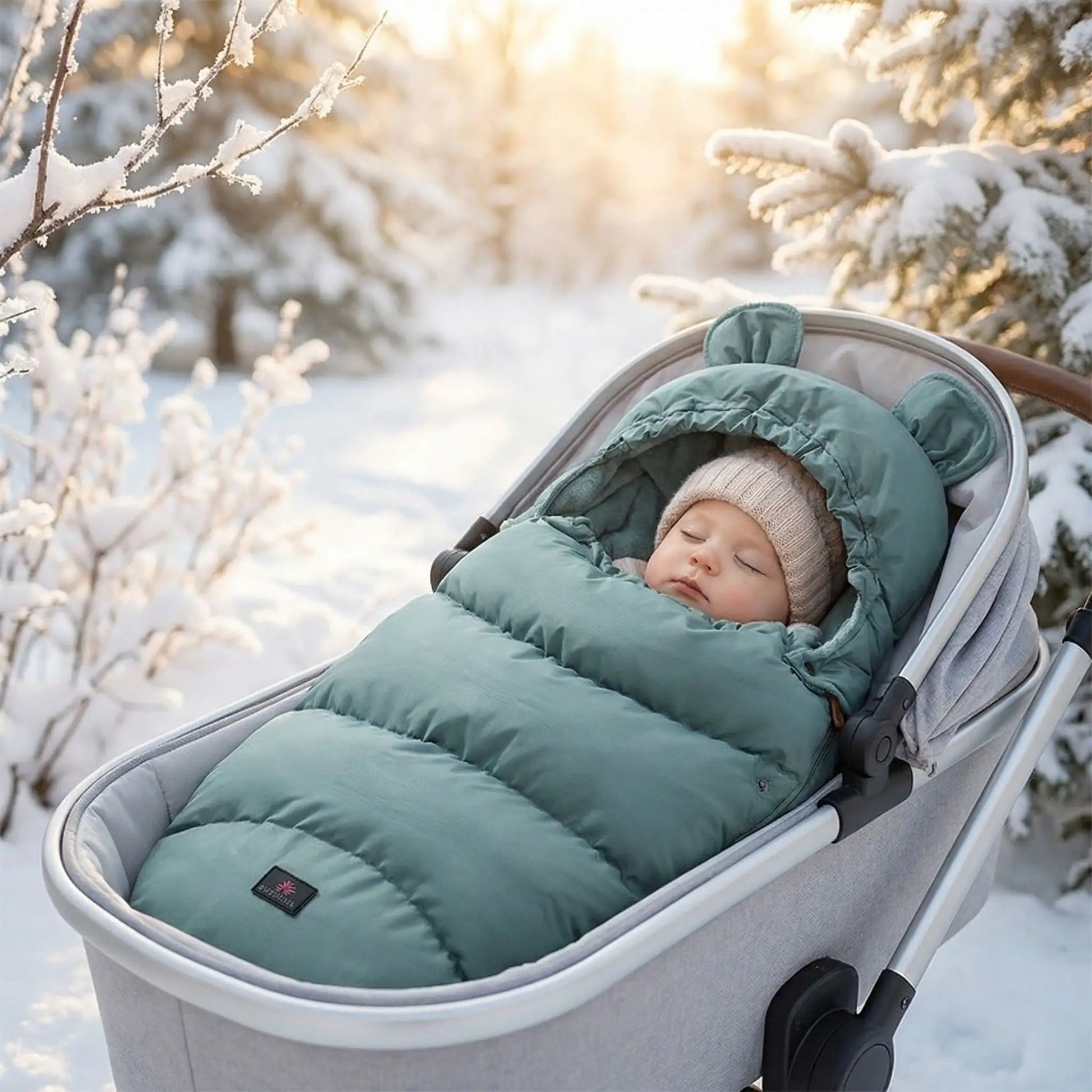 Bébé dort dans chanceliere bebe bouclier imperméable verte