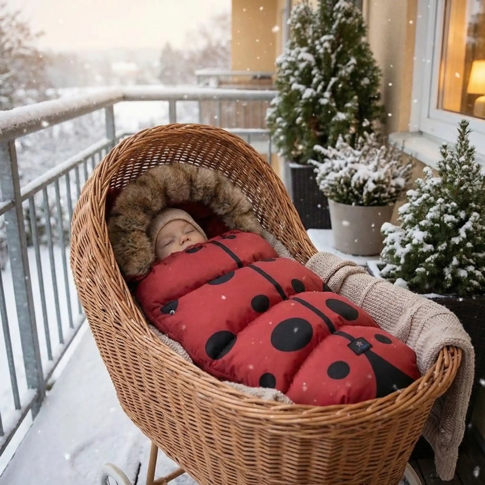 Bébé dort dans chanceliere pour bebe vermillon picoté coccinelle