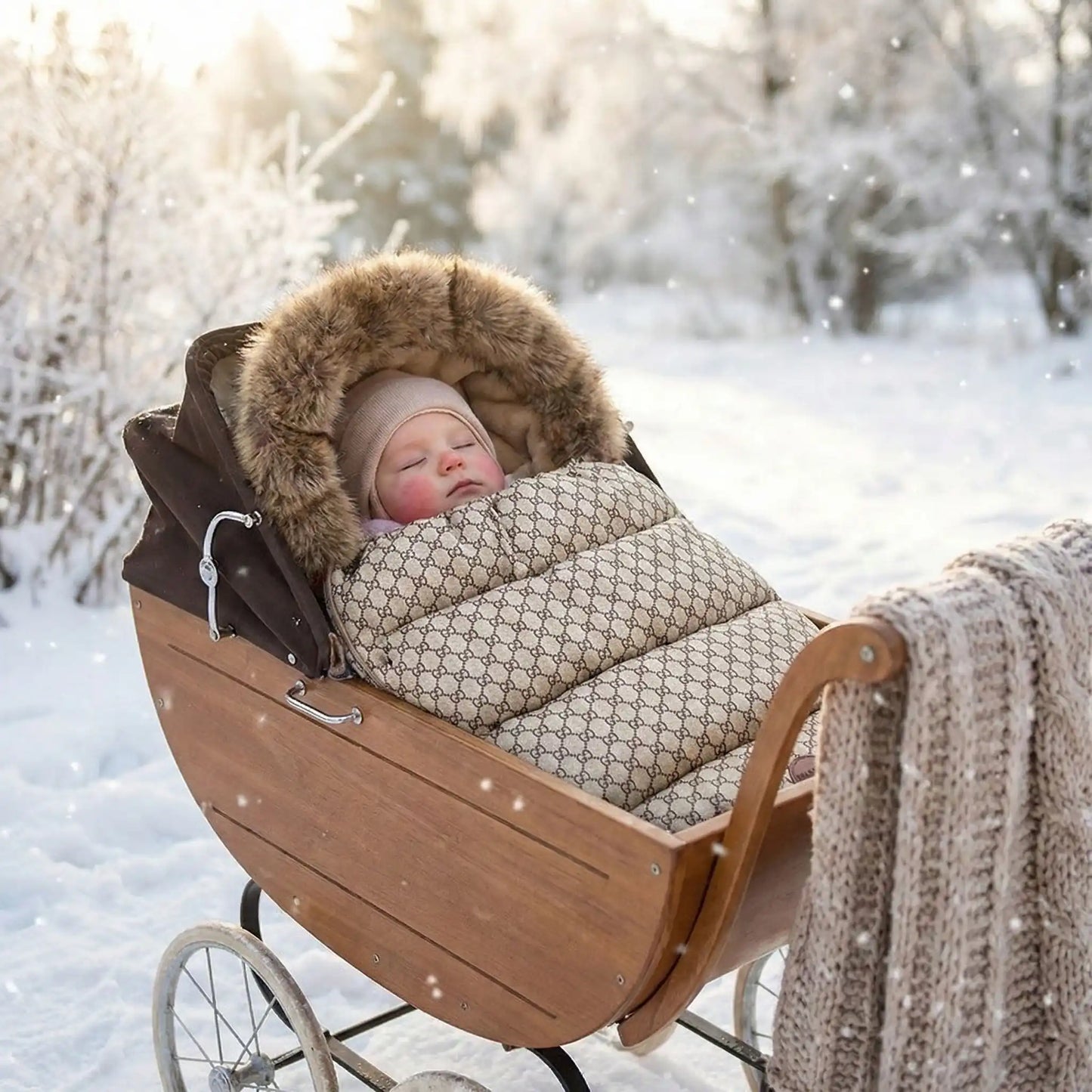 Bébé dort extérieur hiver dans chanceliere cozy alvéole abeille