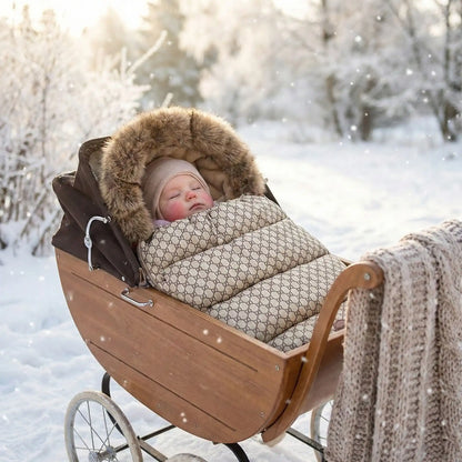 Bébé dort extérieur hiver dans chanceliere cozy alvéole abeille