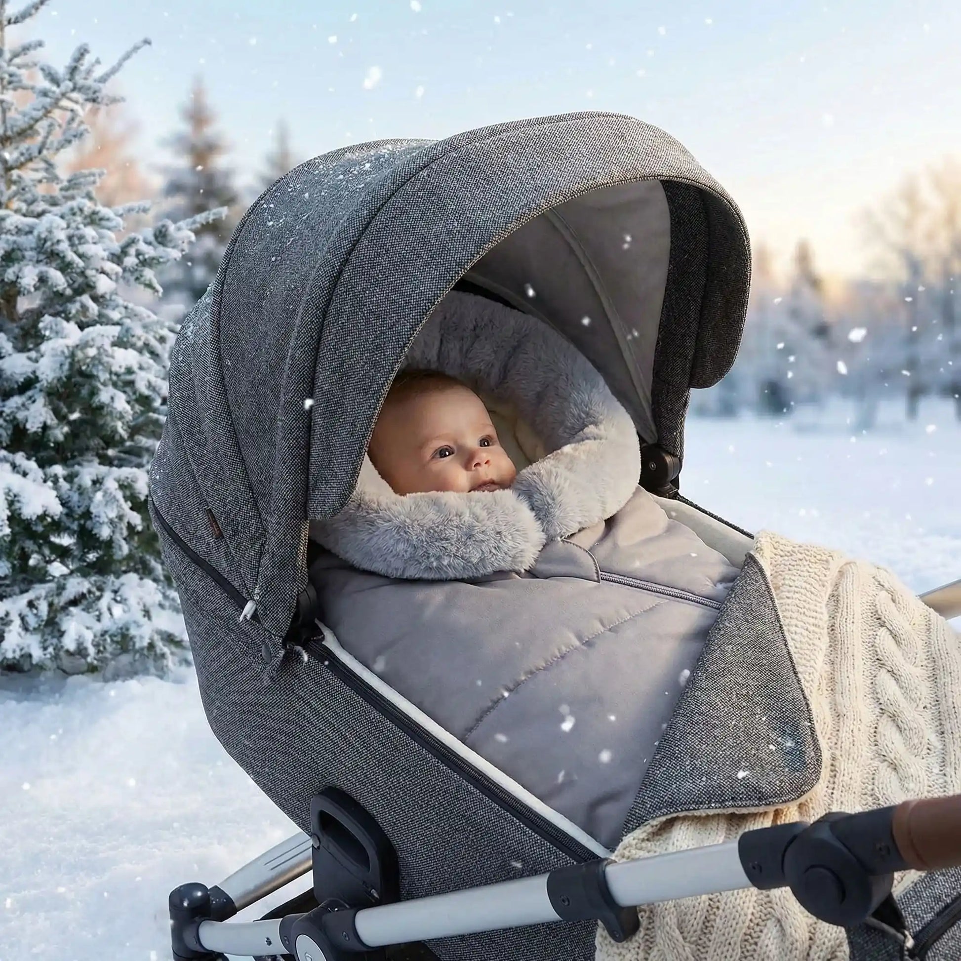 Bébé émerveillé dans chancelière poussette canne cocon hivernal