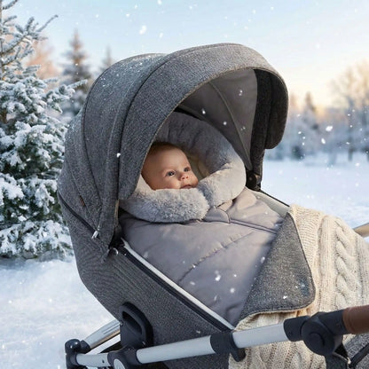 Bébé émerveillé dans chancelière poussette canne cocon hivernal