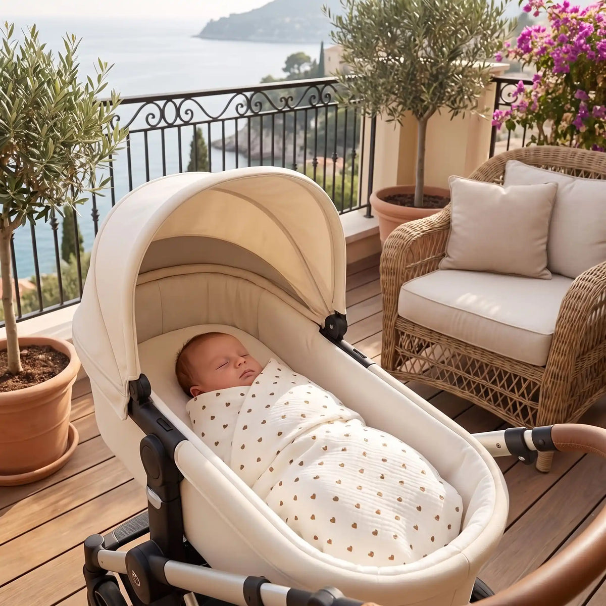Bébé sur balcon avec couverture d'emmaillotage bebe coeur d'or