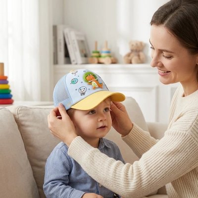 Casquette bebe anti UV dinosaure ludique bleu jaune