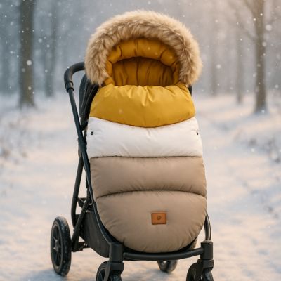 Chancelière-tricolore-jaune-blanc-gris-dans-poussette-en-hiver