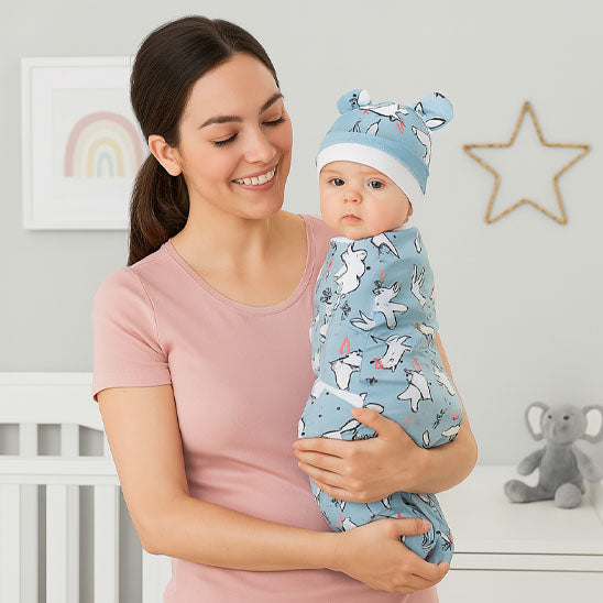 Couverture-emmaillotage-bébé-bonnet-douceur-lapin-bleu