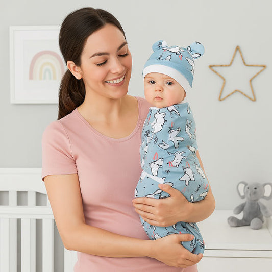 Couverture-emmaillotage-bébé-bonnet-douceur-lapin-bleu