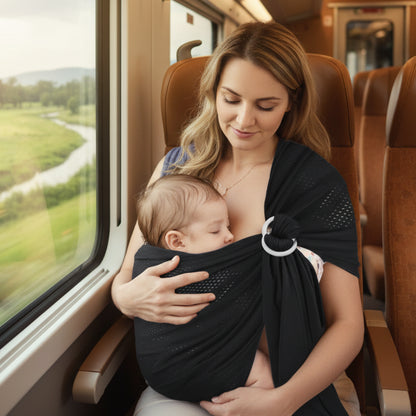 écharpe de portage au naturel dans un train