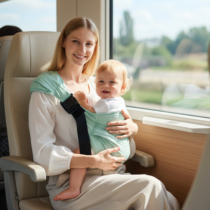 Écharpe porte bébé explorateur dans un train